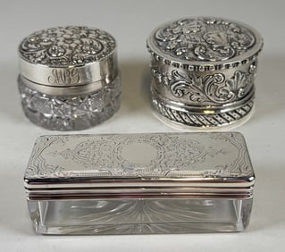 Collection Of Sterling Silver And Cut Glass Covered Vanity Boxes (3)