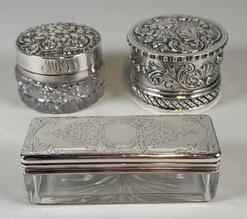 Collection Of Sterling Silver And Cut Glass Covered Vanity Boxes (3): All hallmarked on lids; Rectangular box - H: 1 1/2 x w: 4 1/2 x d: 1 1/2 inches OZT: 1.4; Round box with cut crystal - H: 2 x dia: 3 inches; Round silver box - H: 2 x dia: 3 inches OZT: 2.96 (weighabl
