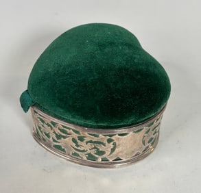 Birmingham Sterling Silver Heart Shaped Pincushion Box With Green Velvet Top