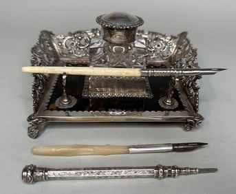 Tortoiseshell And Sterling Silver Mounted Inkstand And Pens