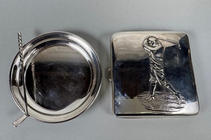 Sterling Silver Cigarette Case And Ash Tray With Golf Motifs, C. 1900