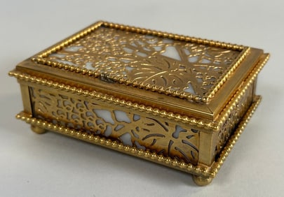 Tiffany Studios Grapevine Gilt Bronze And Slag Glass 4 1/2 Hinged Box