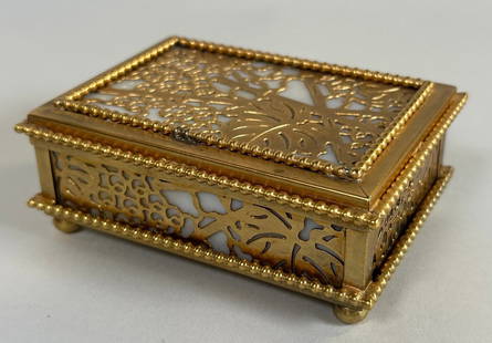 Tiffany Studios Grapevine Gilt Bronze And Slag Glass 4 1/2  Hinged Box: Stamped and numbered at underside edge: Tiffany Studios/New York/800; H: 1 3/4 x w: 4 1/4 x d: 3 1/4 inches
