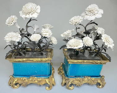 Pair Of Continental Gilt-bronze-mounted Porcelain Flower Arrangement