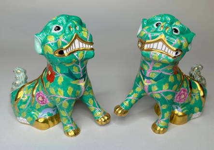 Pair Of Herend Reserve Buddhistic Lions: Stamped at underside, H: 6 x w: 6 1/2 x d: 3 inches