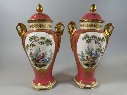 Pair Of Copeland Spode Covered Urns: Stamped on underside, H: 12 x w: 7 inches