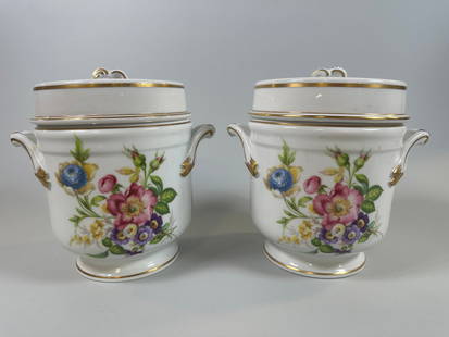 Pair Of Limoges Porcelain Covered Ice Pails, Modern: Both marked Limoges/France with handpainted details and gilt details H: 7 1/2 w: 7 1/2 x d: 5 3/4 inches