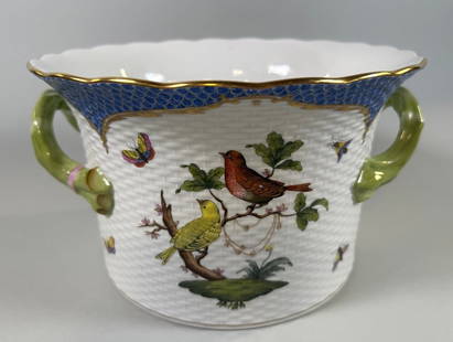 Large Herend Rothschild Bird Two Handled Cachepot: H: 6 1/4 x w: 11 inches