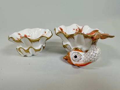 Two Herend Colored Fishes Condiment Bowls: Both stamped on underside, Larger - H: 2 x w: 4 x d: 2 1/2 inches