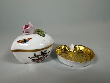 Two Herend Ornamental Dishes: Leaf Of Victoria Regia And Rothschild Bird Covered Box