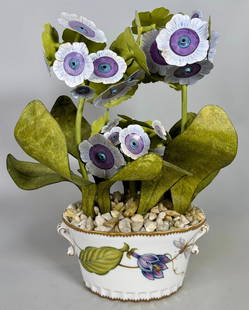 Anna Weatherly Designs Tole And Porcelain Floral Topiary: Signed on underside: H: 13 1/2 x w: 8 1/4 x d: 8 inches