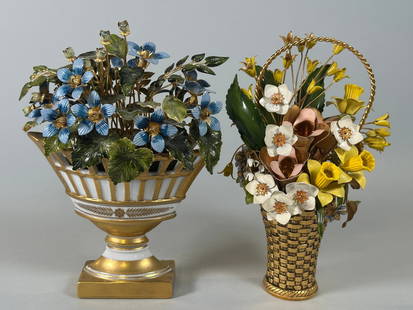 Gilt Porcelain And Enamel Flower Baskets, C. 1970-1990: Jane Hutchison For Gorham Fleurs Des Sicles - H: 7 x w: 5 x d: 3 inches Gloria Vanderbilt Flowers of the Seasons Spring Bouquet - H: 8 x w: 5 inches