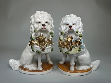 Pair Of Porcelain Figural Poodle Mantel Dogs, Late 19th-early 20th Century