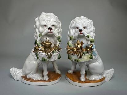 Pair Of Porcelain Figural Poodle Mantel Dogs, Late 19th-early 20th Century: Both holding baskets of gilt painted piglets, unmarked, possibly German, H: 6 1/2 x w: 5 1/2 x d: 2 1/2 inches