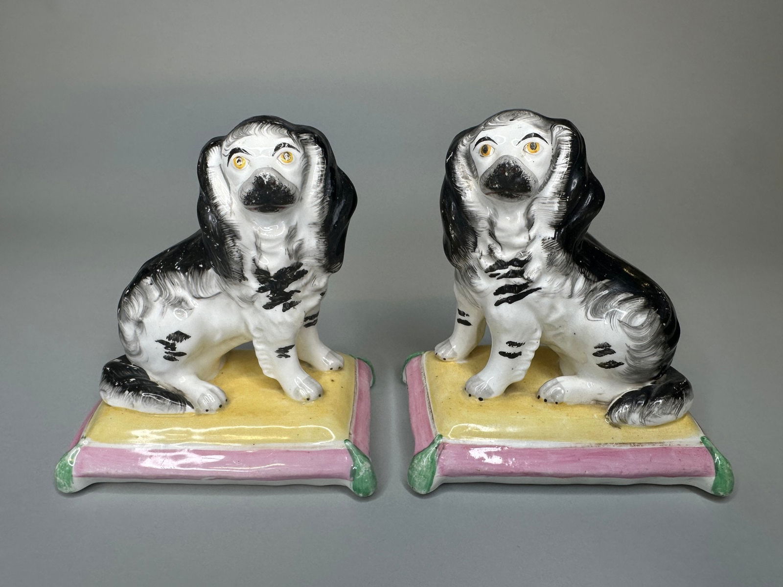 Pair Of Staffordshire Spaniels On Pillows, C. 19th Century: h: 5 x w: 4 1/2 x d: 4 1/4 inches