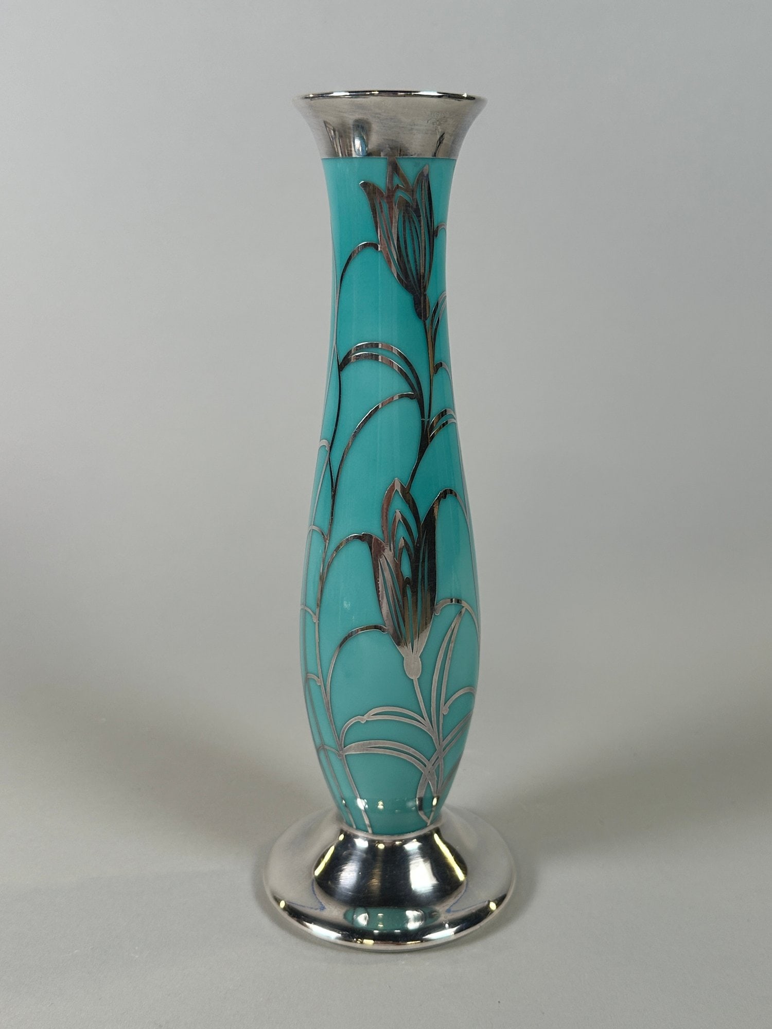 Hutschenreuther Hohenberg Bavaria Turquoise Porcelain With Silver Overlay Vase (1 of 2)