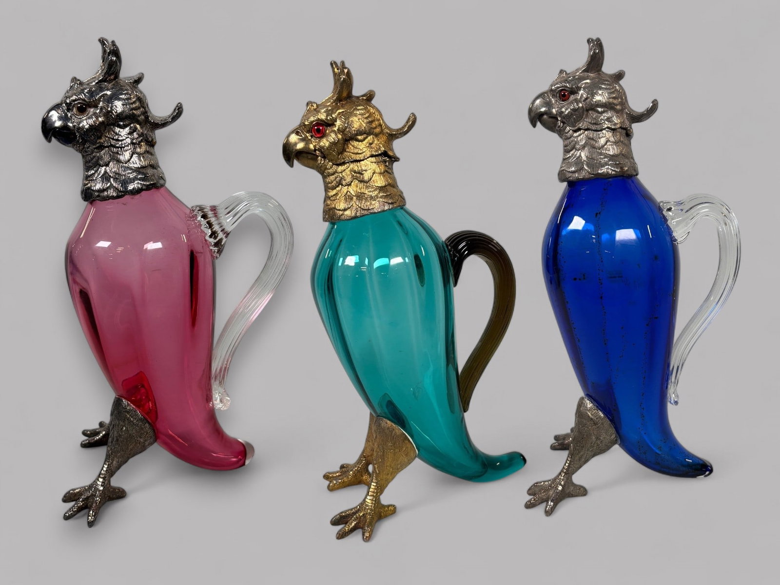 Spanish Silver Plated Art Glass Cockatoo Decanters (3) (1 of 10)