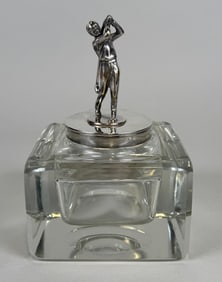 Birmingham Silver Mounted Glass Inkwell With Golfer Cap