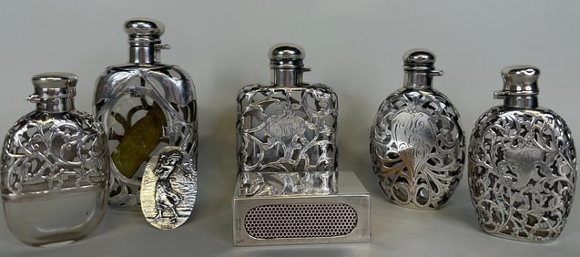 Collection Of Sterling Silver Overlay Glass Flasks (5) With A Matchbox Holder, C. Early 20th Century