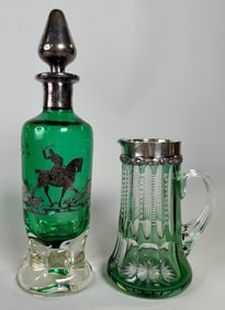 Wallace Sterling Silver-Mounted Emerald Green Glass Stein And Enameled Hunting Decanter