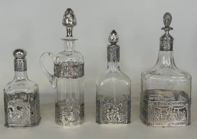 Hanau (Germany) .800 Silver Mounted Decanters (3) And An Ewer (1), C. 1900