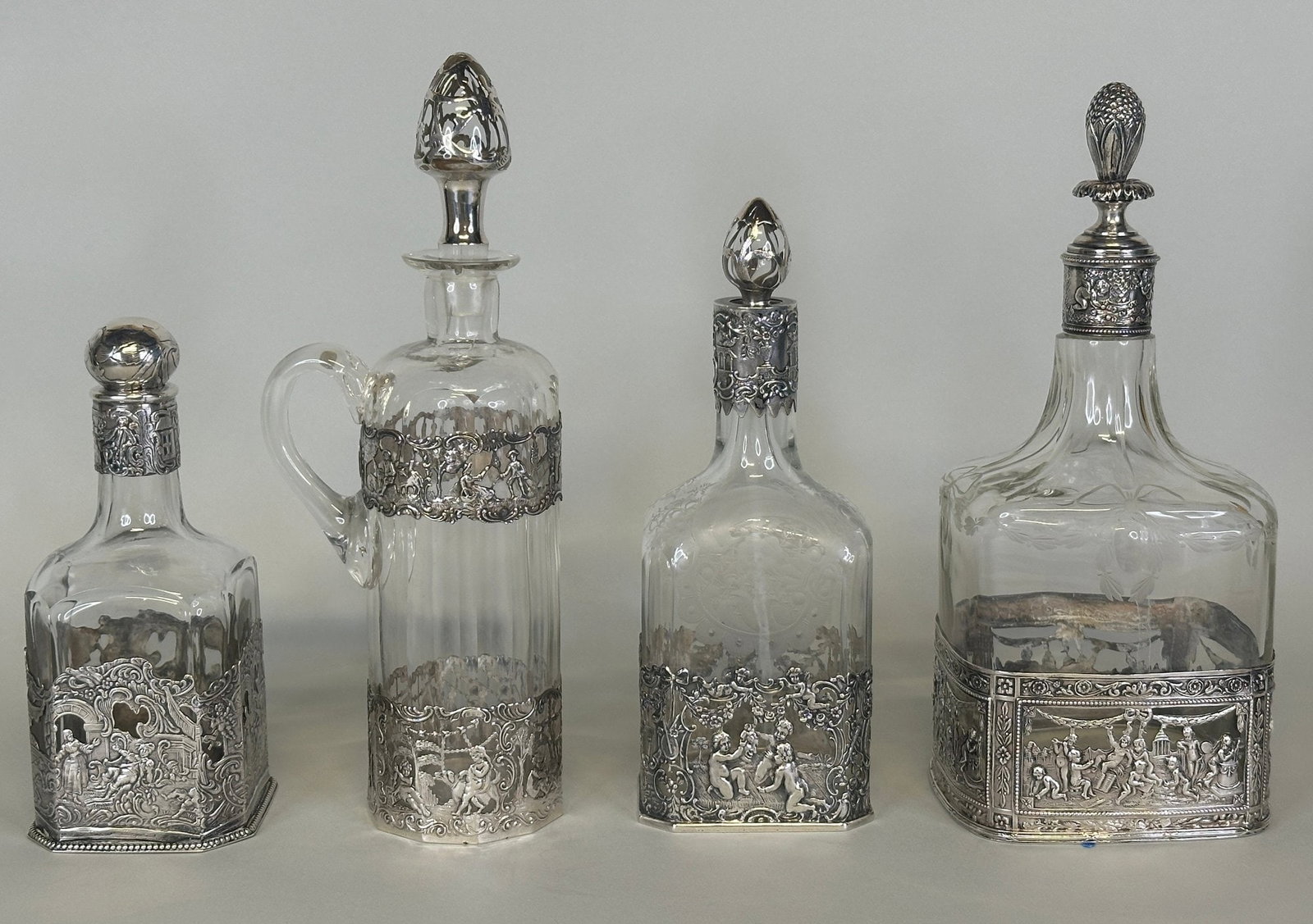 Hanau (Germany) .800 Silver Mounted Decanters (3) And An Ewer (1), C. 1900 (1 of 10)