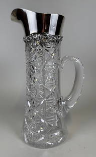 Sterling Silver Mounted American Brilliant Cut Crystal Jug: hallmarked and stamped sterling above handle H: 12 x w: 7 x d: 5 1/2 inches
