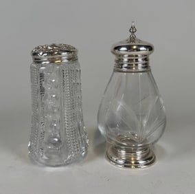 Two Cut Glass Casters With Sterling Silver Tops