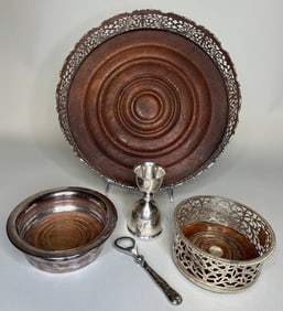 Group Of English And American Sterling Silver Mounted Wood Lined Bar Ware