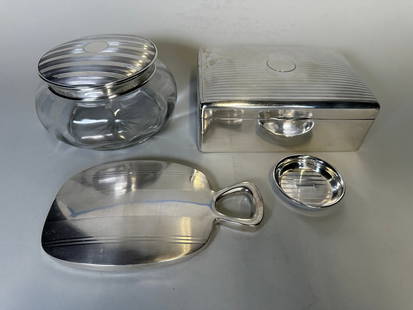 Sterling Silver And Glass Vanity Pieces (4): Note that these pieces are not a matched group, but are of complementary design and comprise a round covered box, a hand mirror and a rectangular silver box with divided interior and a small change tr