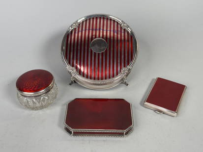 Collection Of Matching Sterling/guilloche Items: Match Box, Vanity Case, Jewelry Box, Cigarette: Match Box: h: 3/8 x l: 2 1/2 x 1 3/4 inches Silver mounted red enamel marked inside; Vanity Case: h: 2 3/4 x l: 6 x w: 5; Silver mounted red enamel marked on outer lip of lid; Jewelry Box: h: 1 3/4 x