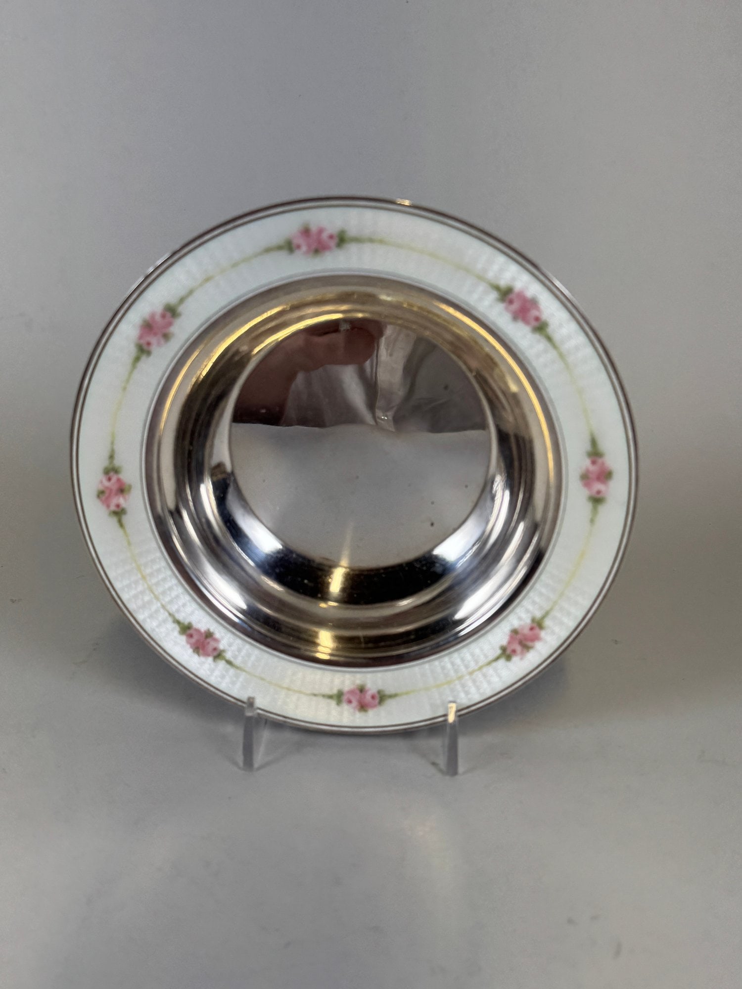 Sterling Silver Bowl With Guilloche Enamel Floral Decorated Rim: stamped on underside: sterling H: 1.75 x dia.: 6 1/2 inches