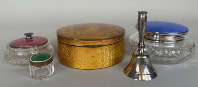 Collection Of Sterling Silver Guilloche Enamel And Cut Glass Powder, Vanity Boxes, And A Bell