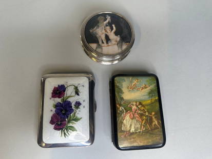 Collection Of Miniature Boxes (3): Two are sterling silver hallmarked inside together with an unmarked painted metal case; silver and enamel: W: 3 1/4 x d: 2 1/2 inches