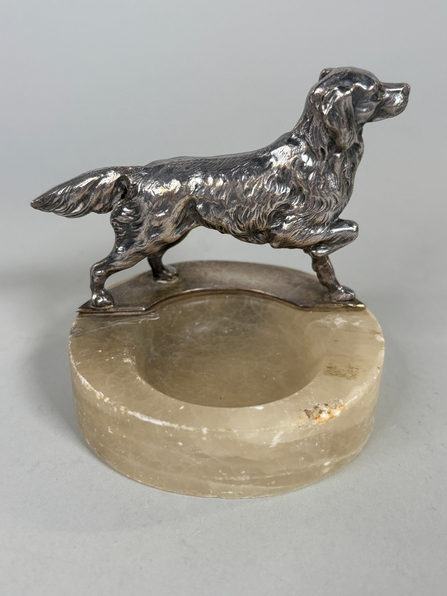 Silver Dog Mounted On Soft Stone Ashtray (1 of 1)
