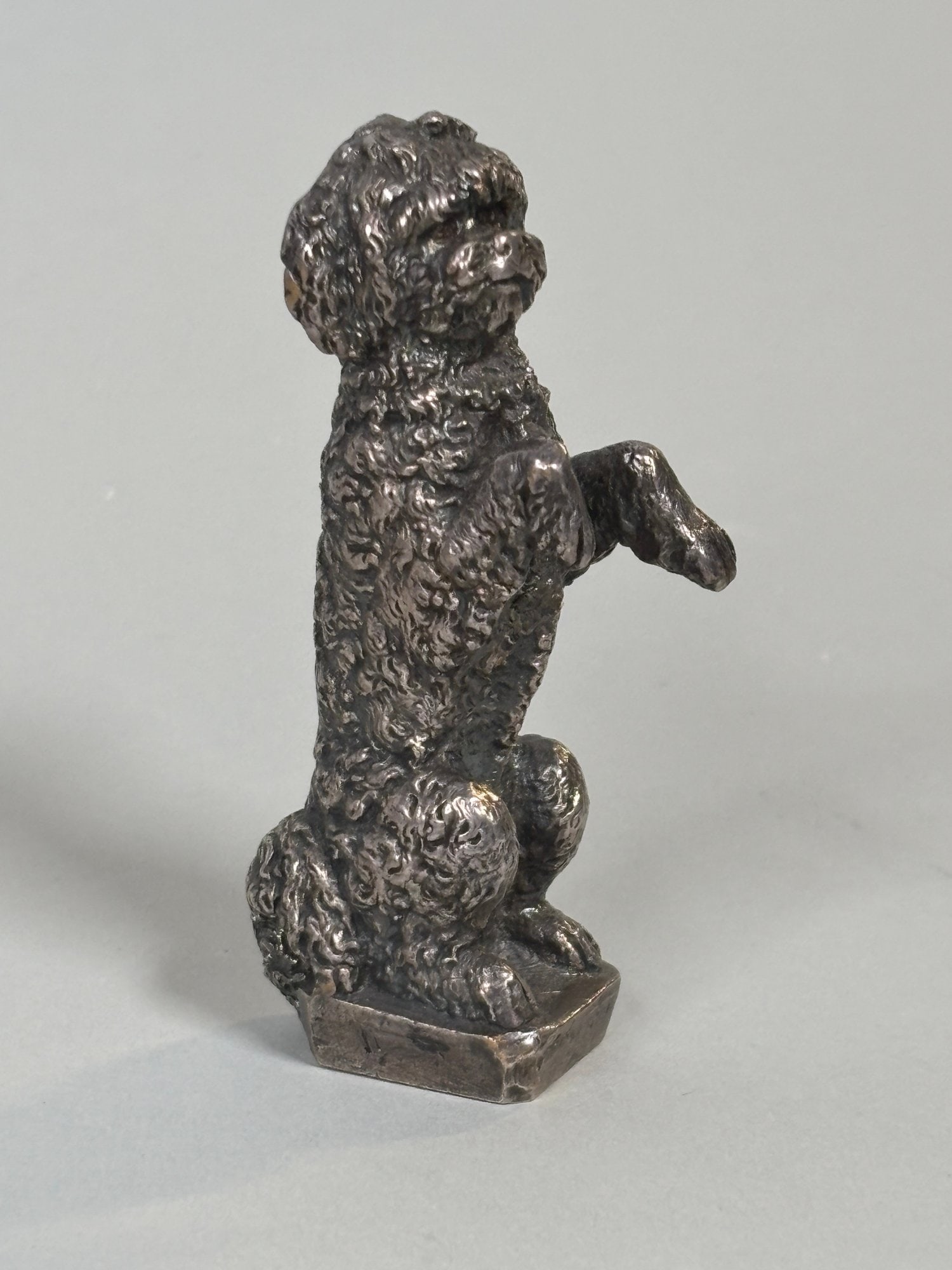 Silvered Metal Poodle Dog Letter Stamp, Intaglio Seal: Monogram stamp on bottom see photo H: 2 3/4 x w: 3/4 x d: 3/4 inches
