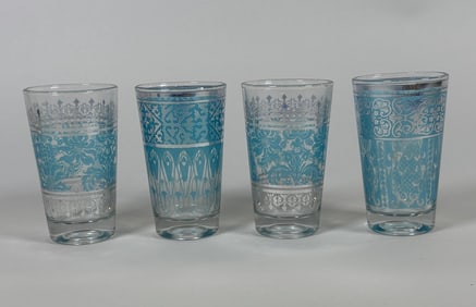 Turkish Turquoise Blue And Silver Over Clear Glass Juice Glasses (4)