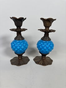 Pair Of Brass And Torquoise Glass Candlestick Holders