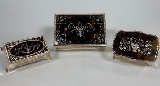 Collection Of Three Sterling Silver Footed Pique Trinket Boxes
