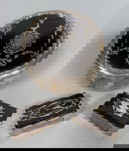 Collection Of Sterling Silver And Tortiseshell Pique Boxes, 19th Century: A powder box and two matchbox holders - Round Box - Dia.: 3 1/4 inches - Rectangular boxes - H: 1/2 x w: 1 3/4 x d: 1 1/4 inches