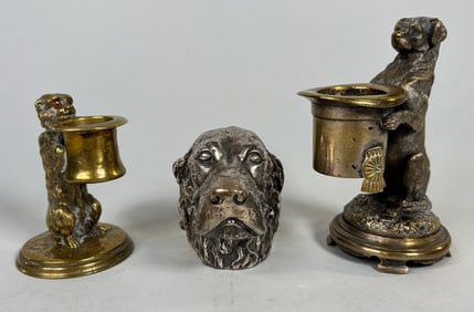 Collection Of Dog Form Gilt Metal/brass Smoking Items: Match Holders (2) And A Cigarette Lighter