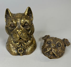 Brass Figural Inkwell (1) And Stamp Box (1) Both In The Form Of Bulldog Heads