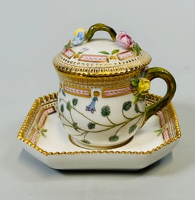 Royal Copenhagen Flora Danica Covered Pots De Creme on Cut Cornered Square Stand