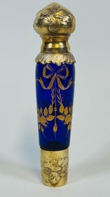 Belle Epoque Puiforcat Gilt-Silver And Cobalt Etched Glass Perfume Flask