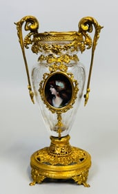 Baccarat Style Ormolu Mounted Urn With Enamel Portrait Miniature, C. 19th Century