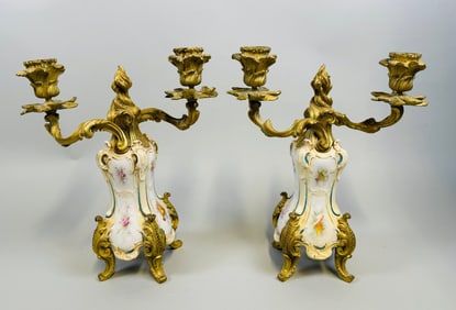 Pair Of Lous XIV Style Two-Light Gilt Bronze And Porcelain Candelabra, C 19th/early 20th Century
