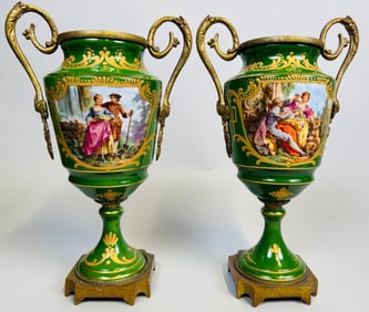 Pair Of Gilt-Bronze Mounted Sevres Style Porcelain Urns, The Cartouches Signed 'Beldam'