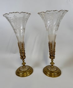 Pair Of Crystal And Bronze/Brass Trumpet Vases