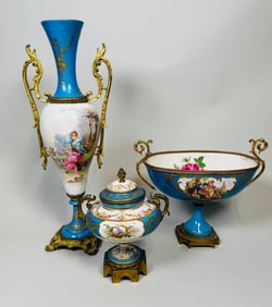 Collection Of Sevres Style Gilt Metal Mounted Blue Porcelain: Center Bowl, Covered Urn, Vase,19th/20