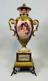 Continental Porcelain Covered Urn With Oval Portrait Cartouche, On Stand
